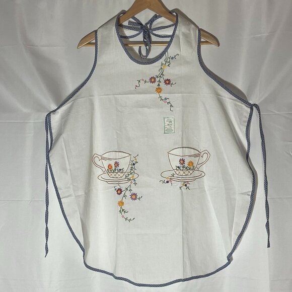 Full White Apron with Blue Gingham Edge and Tea Cup Embroidered Pockets - Picture 1 of 8